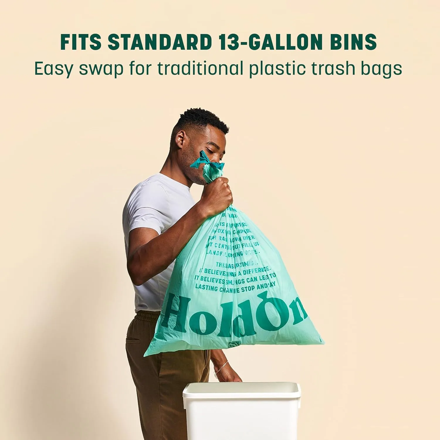 HoldOn 13-Gallon Trash Bags  Plant-based Tall Kitchen Trash Bags with Drawstring Handles for Tall Trash Bins, Heavy-duty and Compostable Large Trash Bags (40 bags)