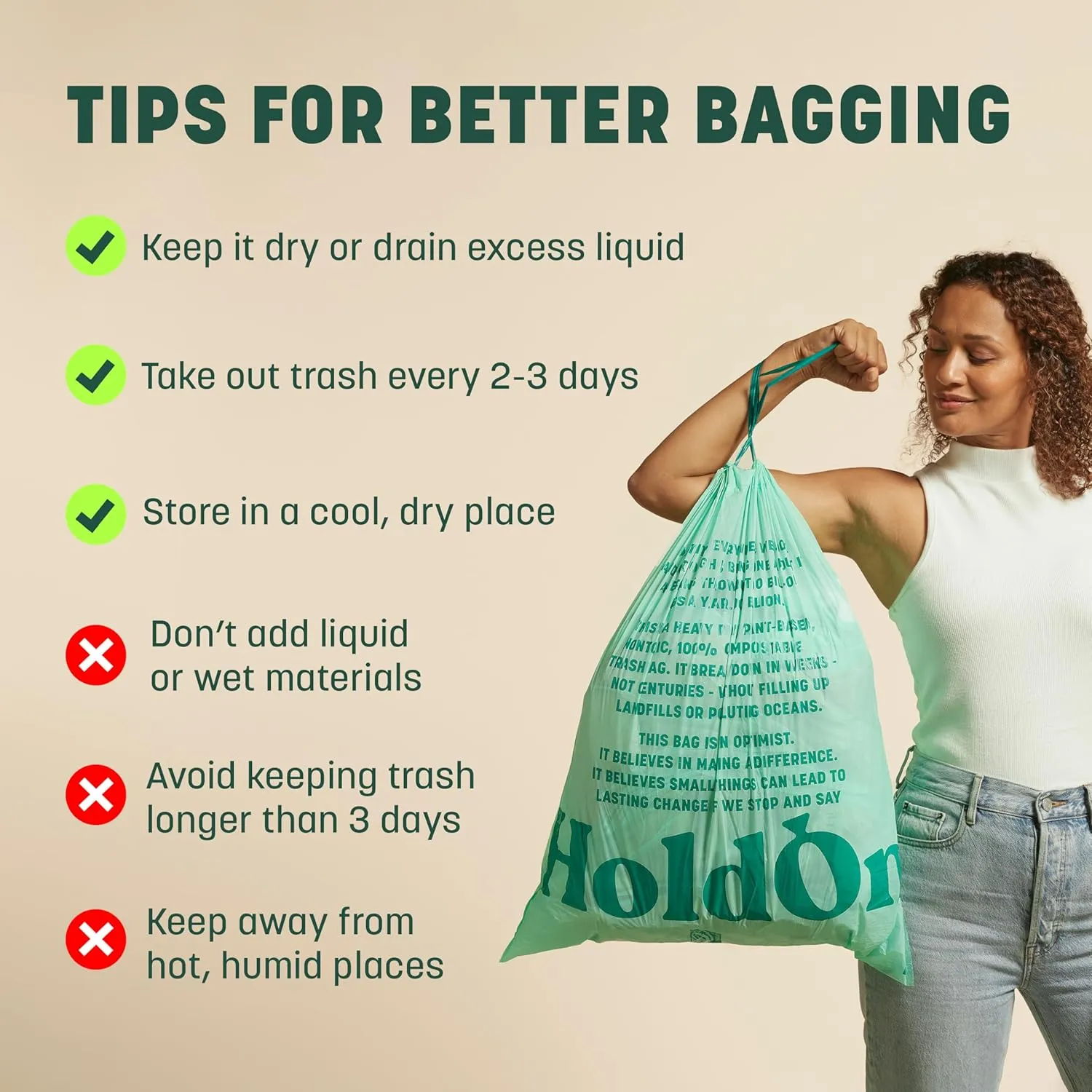 HoldOn 13-Gallon Trash Bags  Plant-based Tall Kitchen Trash Bags with Drawstring Handles for Tall Trash Bins, Heavy-duty and Compostable Large Trash Bags (40 bags)