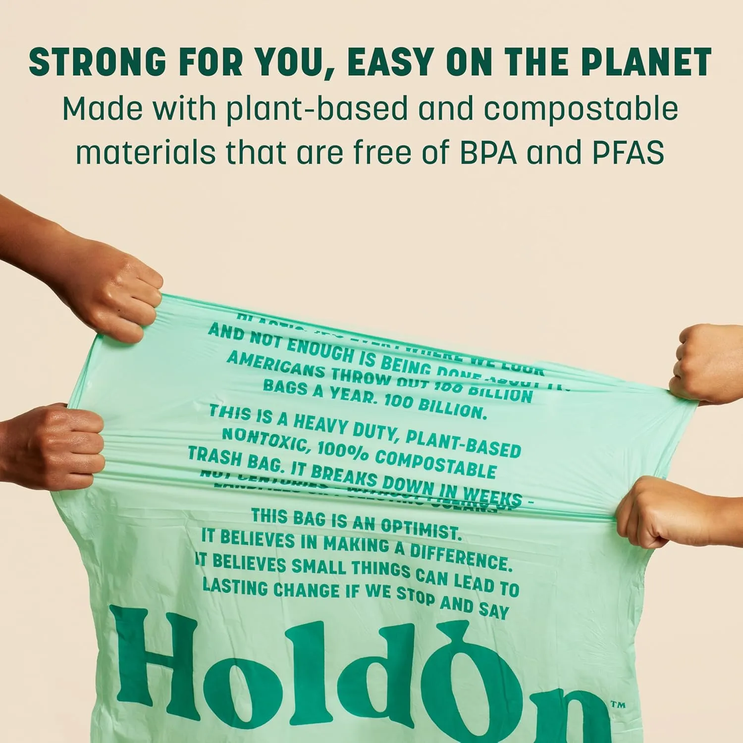 HoldOn 13-Gallon Trash Bags  Plant-based Tall Kitchen Trash Bags with Drawstring Handles for Tall Trash Bins, Heavy-duty and Compostable Large Trash Bags (40 bags)