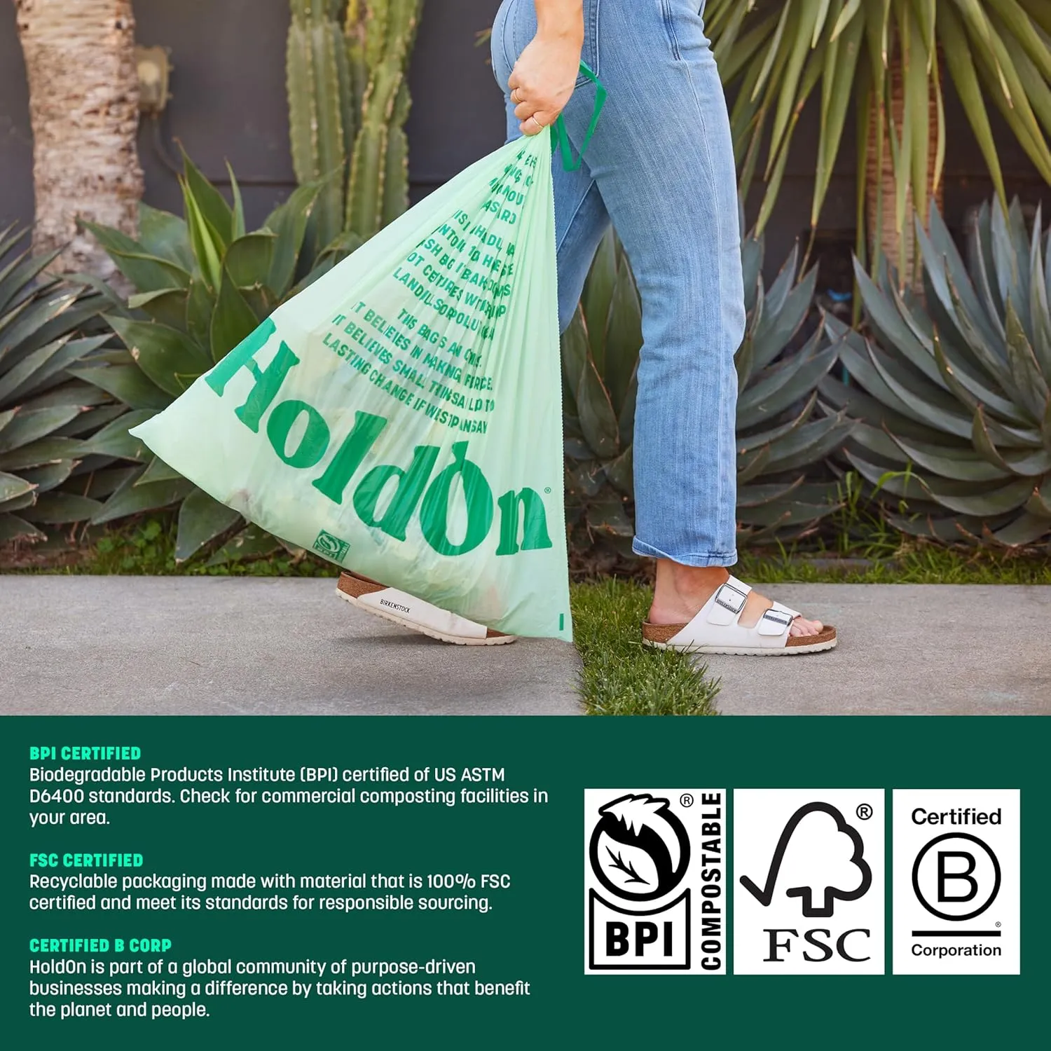 HoldOn 13-Gallon Trash Bags  Plant-based Tall Kitchen Trash Bags with Drawstring Handles for Tall Trash Bins, Heavy-duty and Compostable Large Trash Bags (40 bags)
