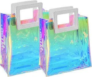 Holographic Small Gift Bags 2 Pack 7.9 * 7.1 * 3.9 Inch with Handles for Women, Girls, Birthday, Christmas, Bachelorette Party Favors, Shopping Reusable Clear Gift Wrap Bag
