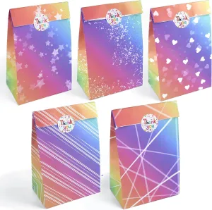 Homrelaxy 30pcs Party Favor Paper Bags, 5.1 x 3.1 x 9.4 Inch Small Goodie Gift Bag for Kids, 5 Assorted Rainbow Color Bags for Birthday, Baby Shower, Wedding and Crafts, Includes 36pcs Stickers