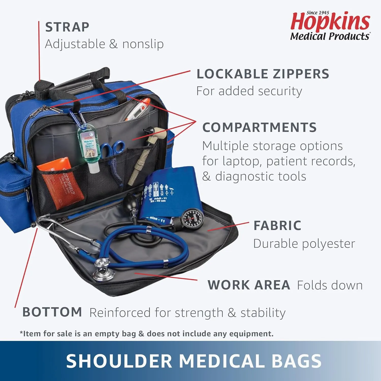 Hopkins Medical Products Mark V Shoulder Bag with Lock, HIPAA Compliant Lockable Zippers for Security, Adjustable Straps, Reinforced Bottom, Fold-Down Compartment, 13x11.25x7.5 inch, Navy