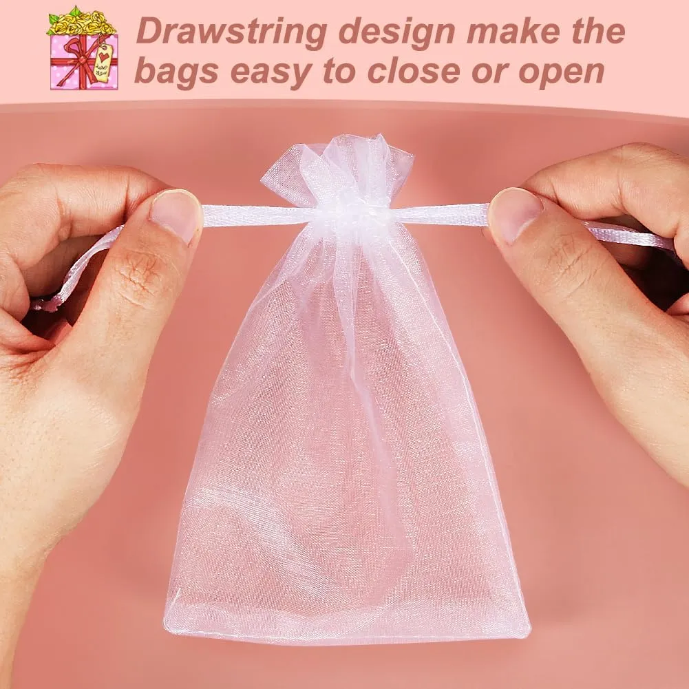 HRX Package 100pcs White Organza Bags, 4x6 inch Mesh Bags Drawstring Gift Bags Jewelry Pouches for Candy Wedding Favors Christmas