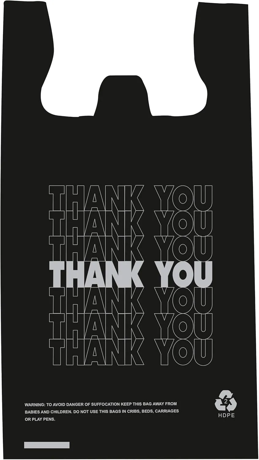 Infinite Pack Plastic Bags Thank You (1000 Count) | Black Grocery Bags with Handles | T-shirt bags for small business