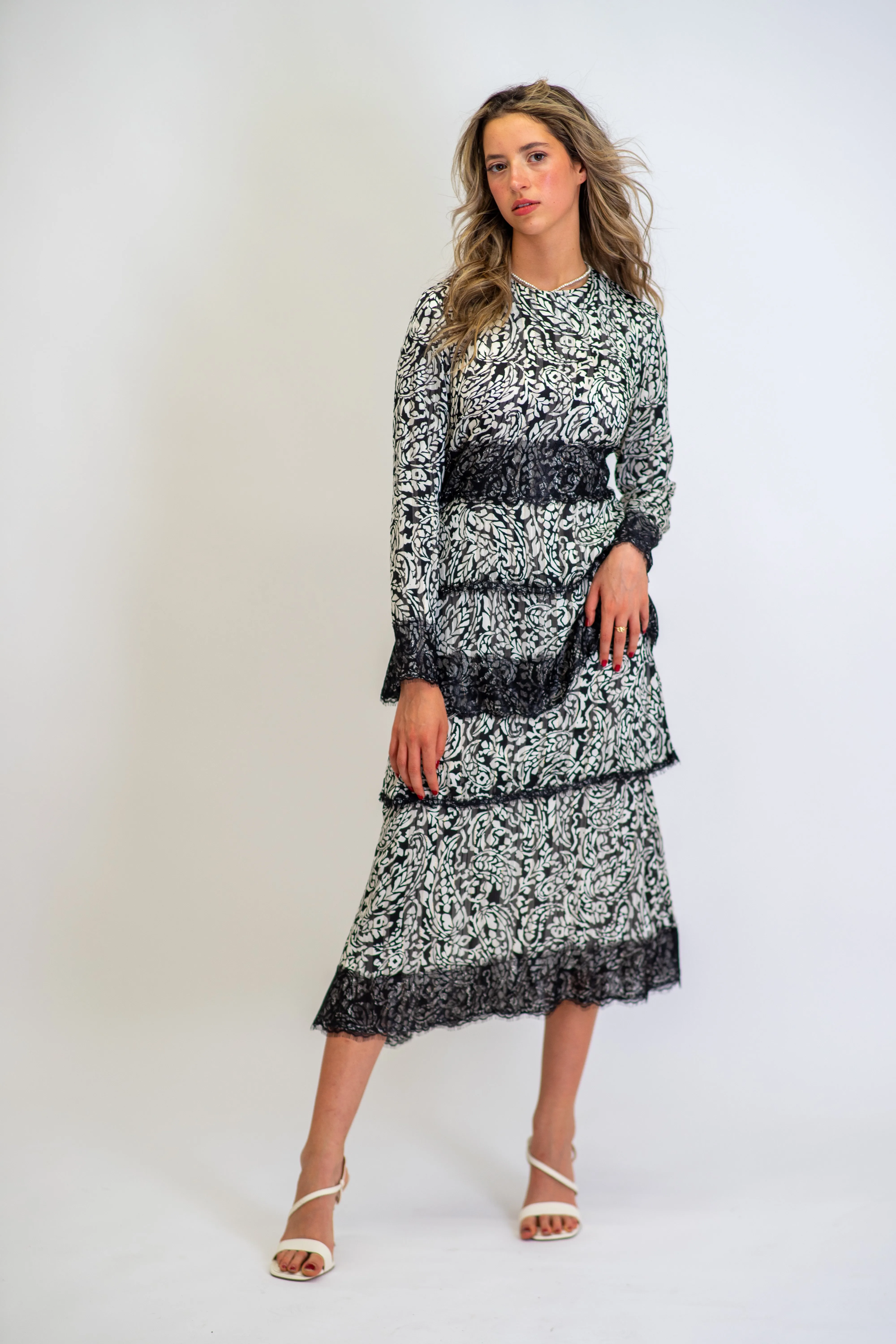 Ink Blossom Tiered Midi Dress