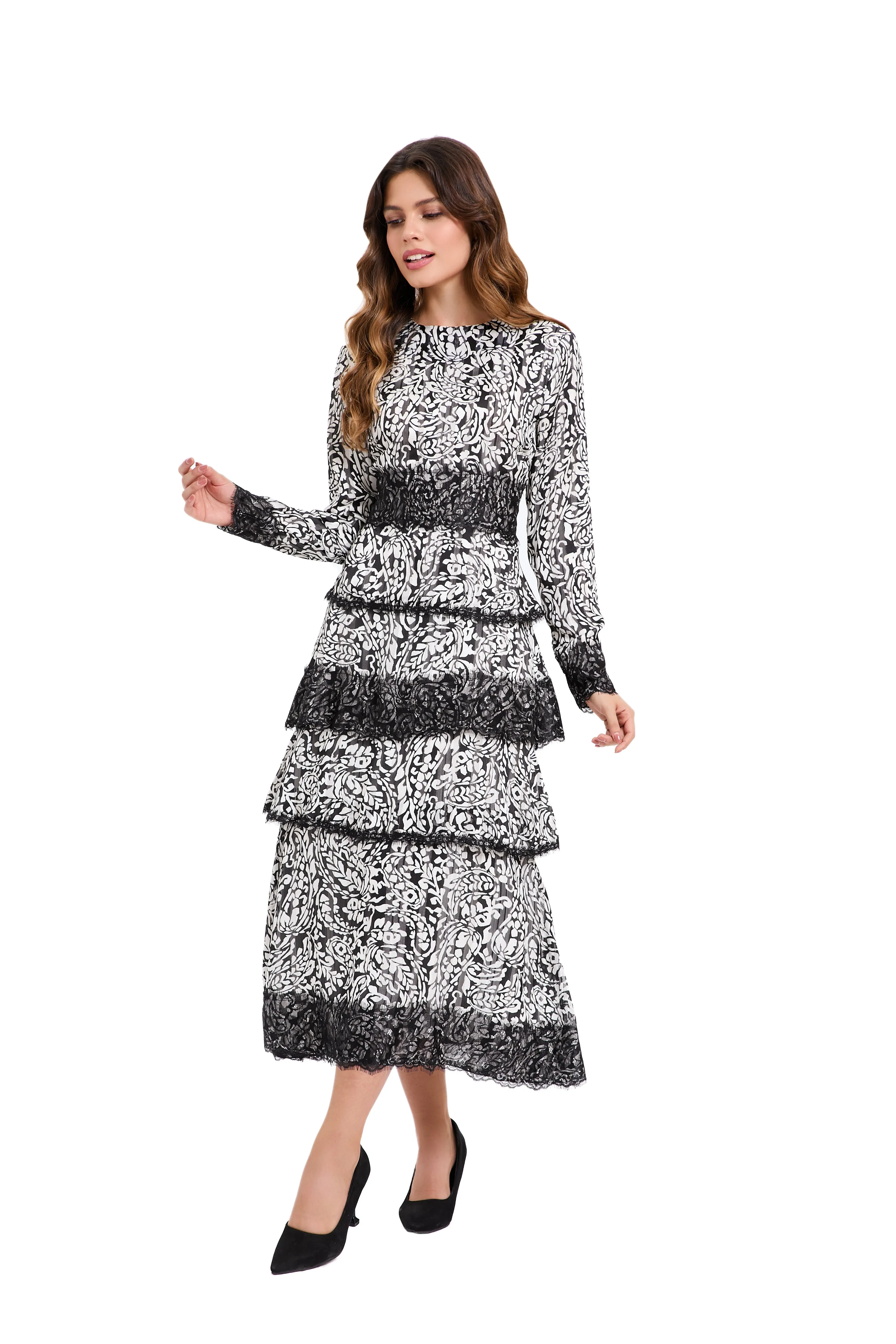 Ink Blossom Tiered Midi Dress