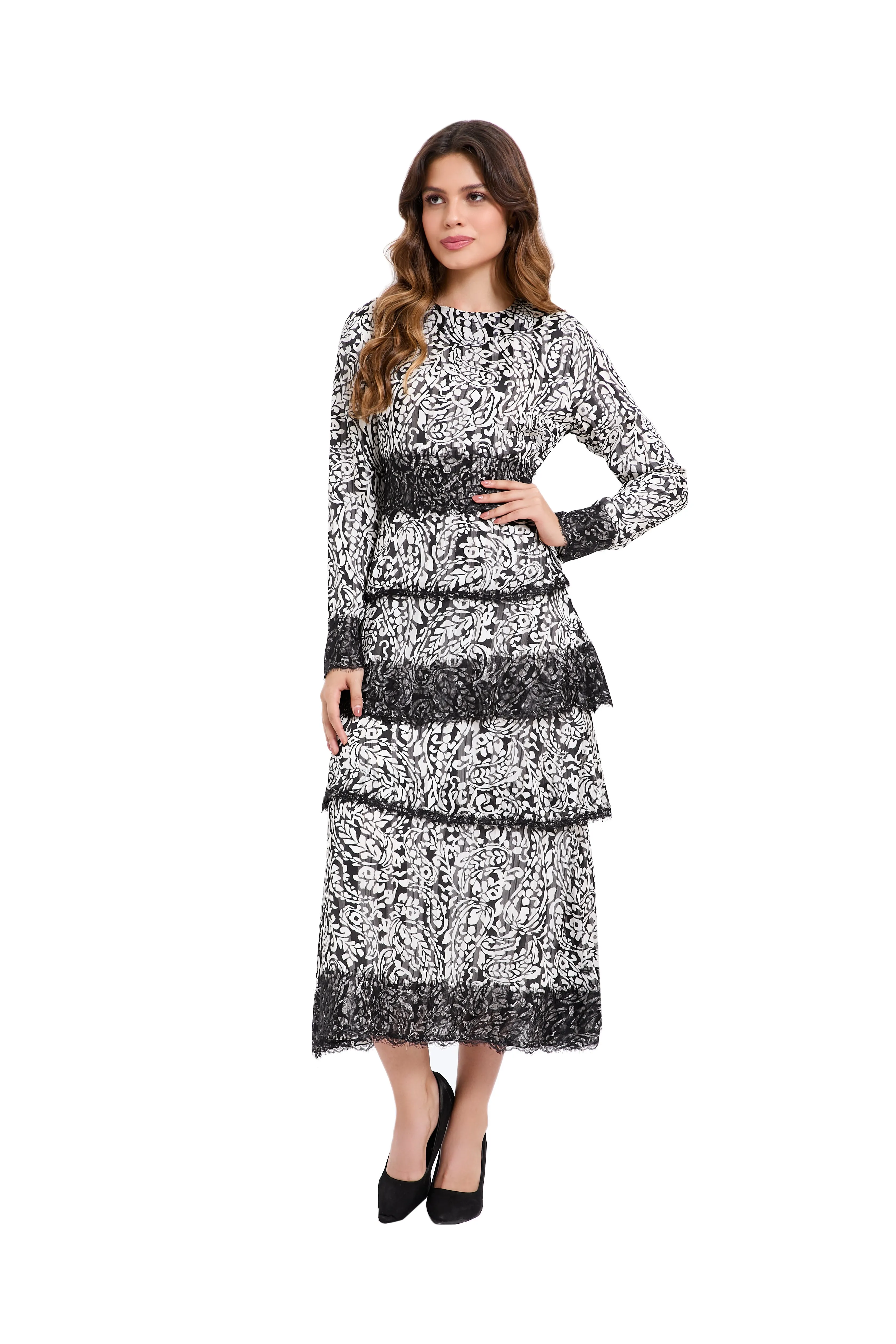 Ink Blossom Tiered Midi Dress