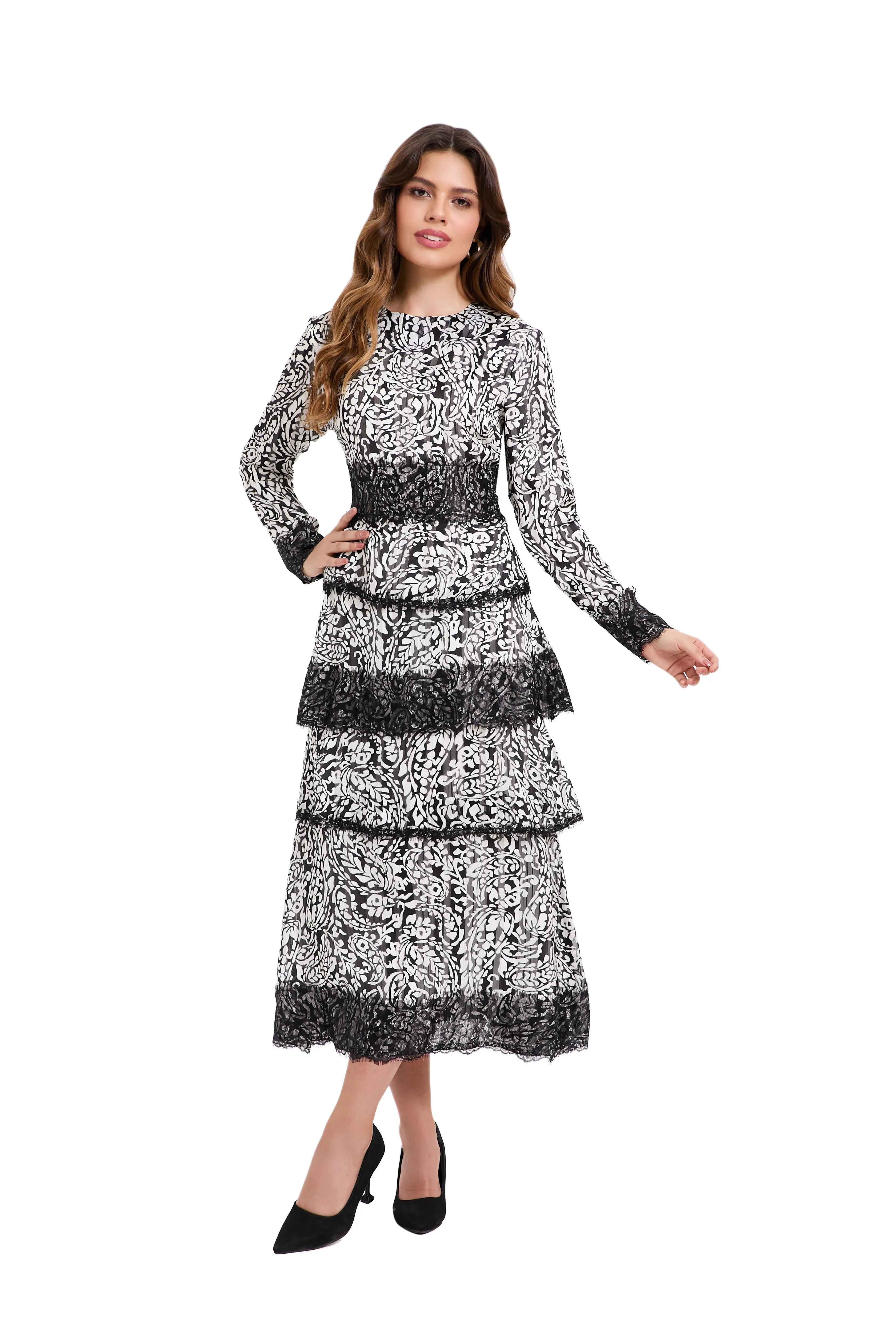 Ink Blossom Tiered Midi Dress
