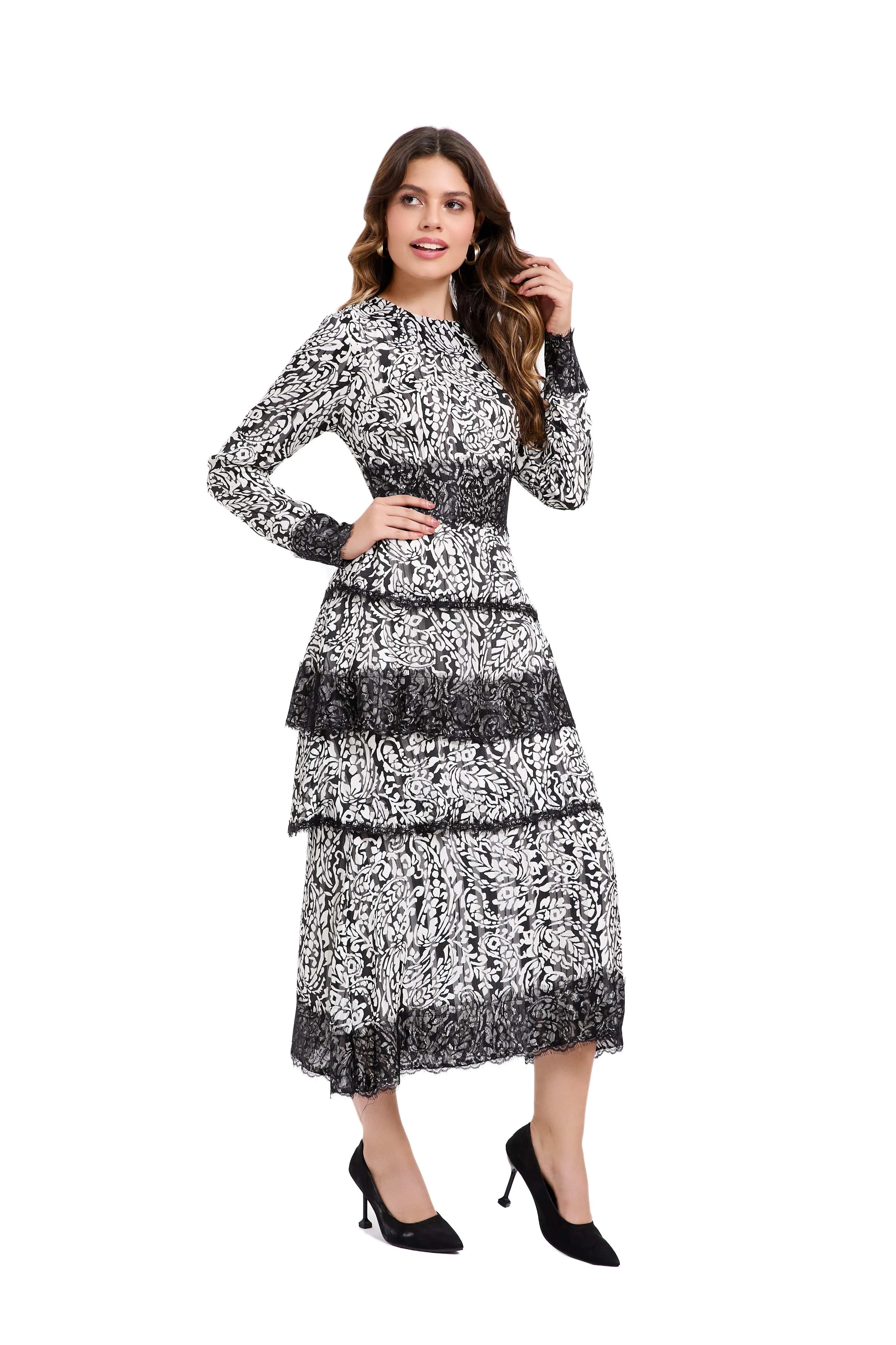 Ink Blossom Tiered Midi Dress