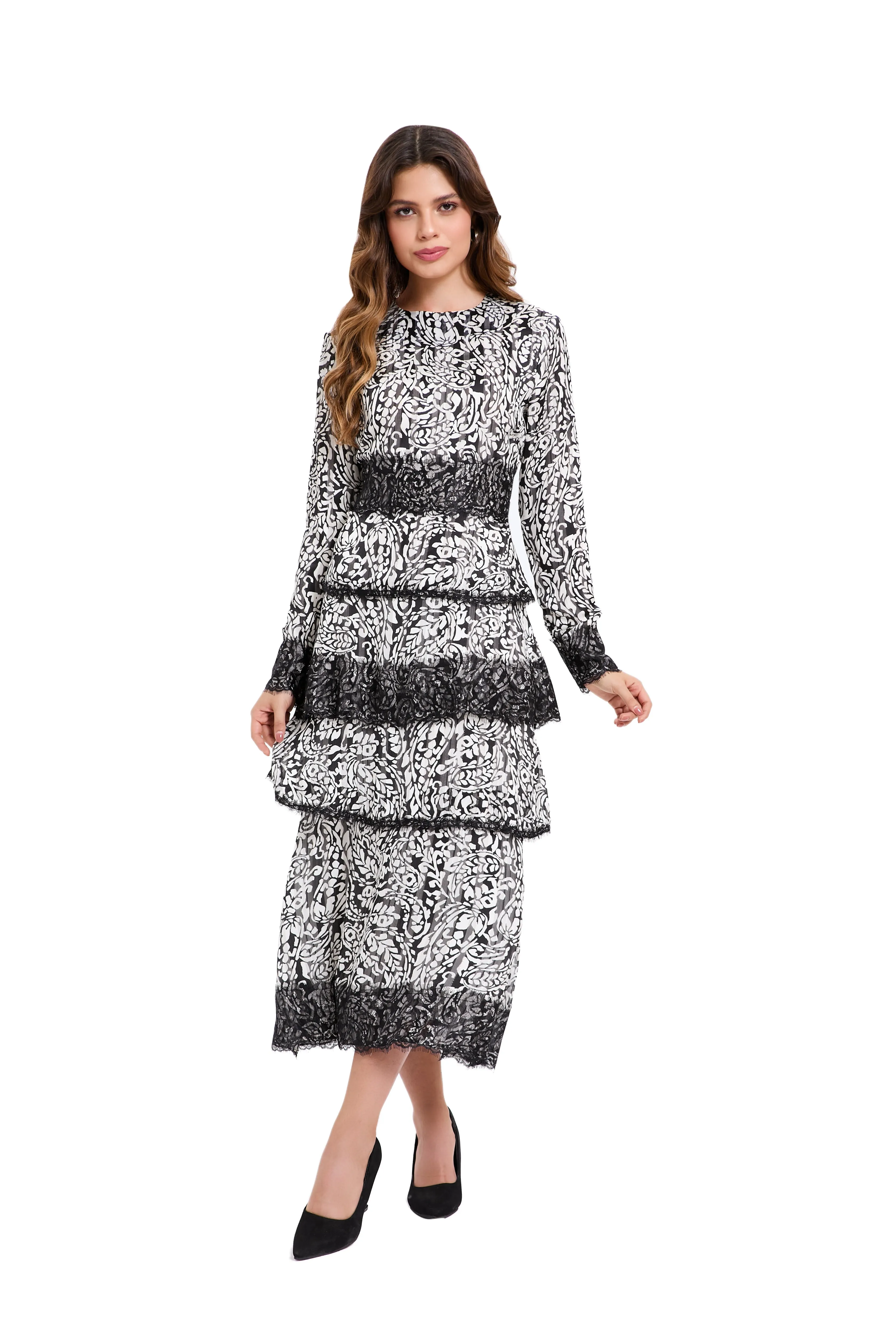 Ink Blossom Tiered Midi Dress