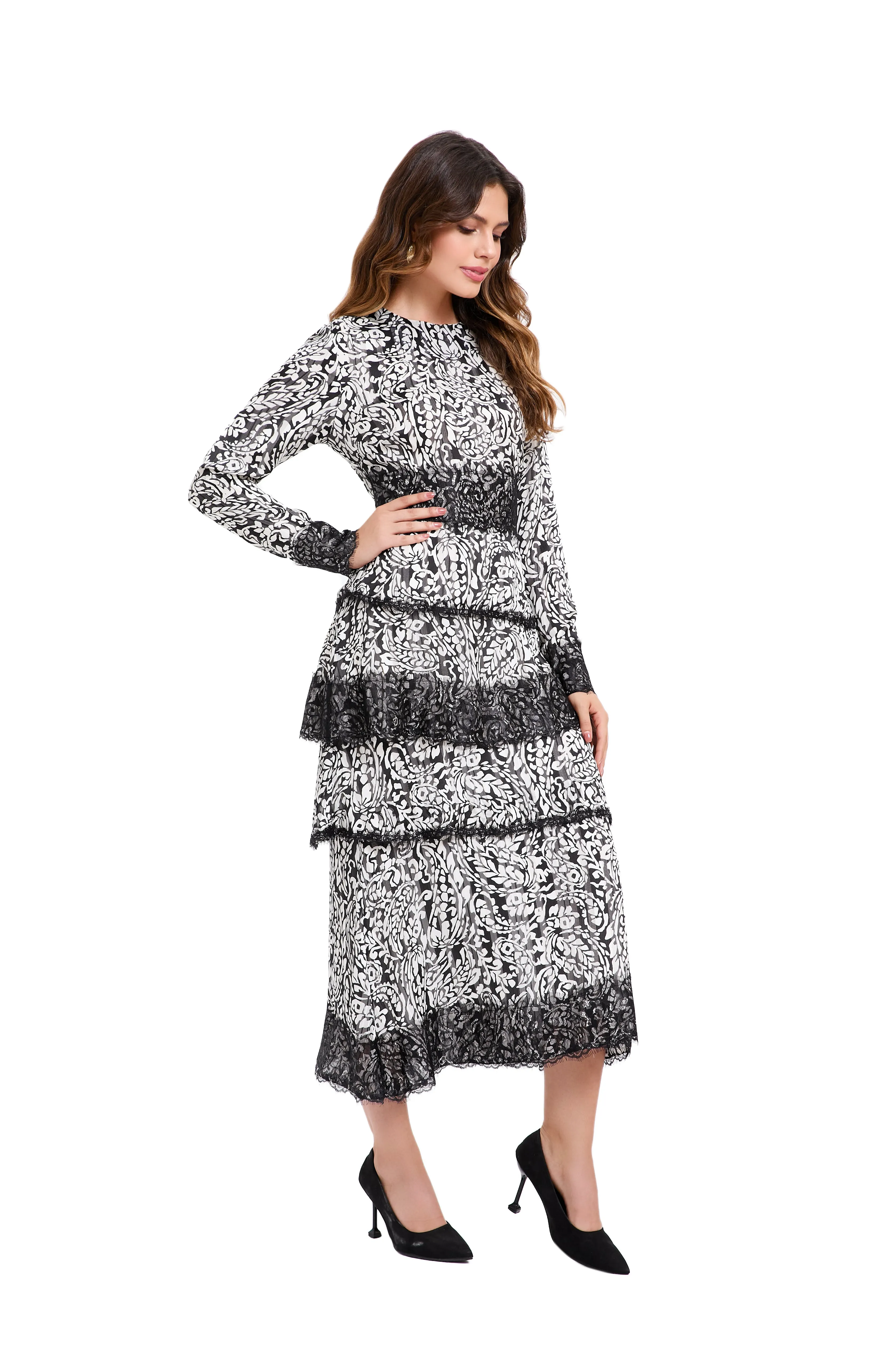 Ink Blossom Tiered Midi Dress