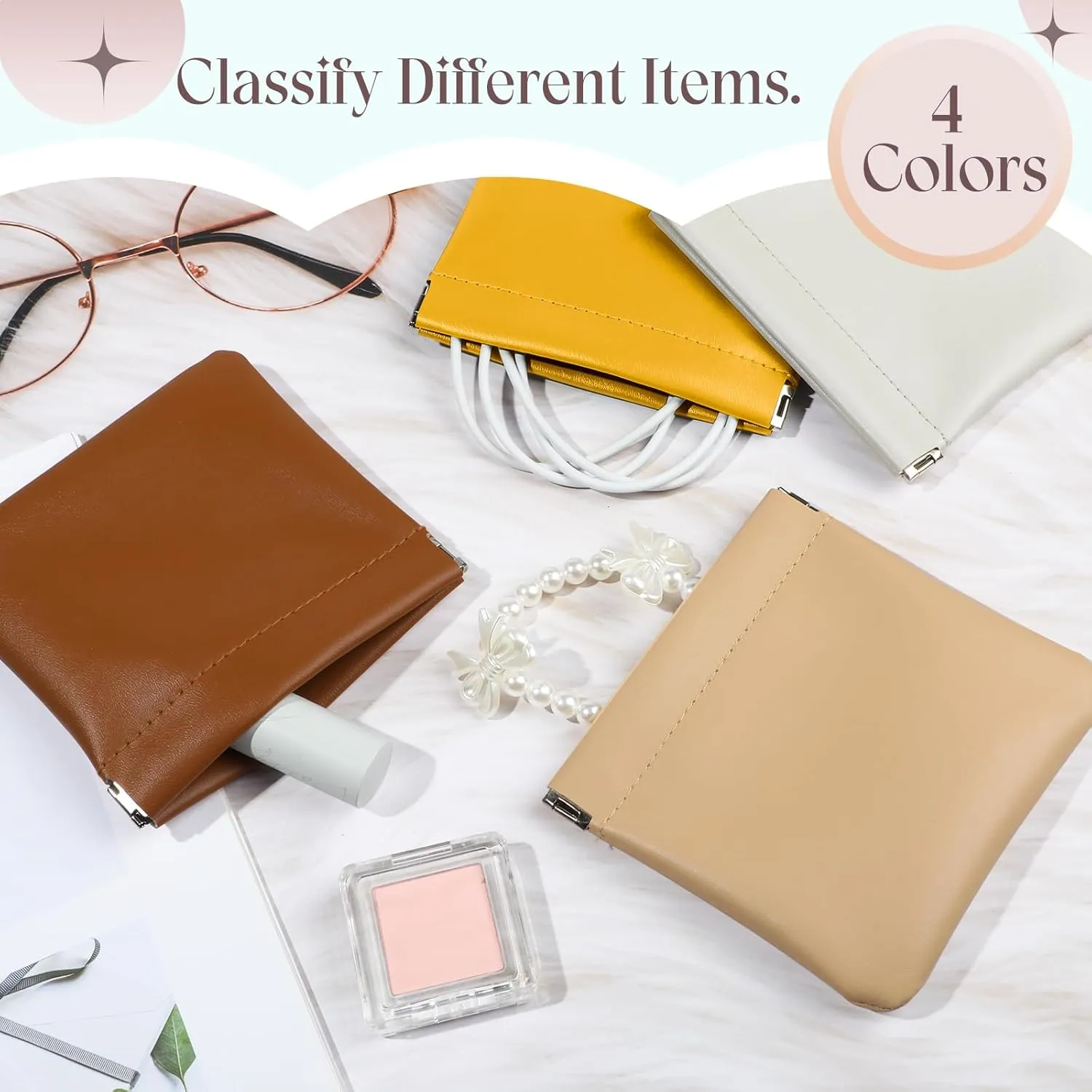ISKYBOB 4PCS Small Makeup Bag for Purse, Portable Lambskin Pocket Cosmetic Bag Squeeze Top Coin Purse for Women Snap Closure Organizer Pouch Mini Self-Closing Lipstick Pouchic for Travel(Autumn)