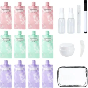 JEPELUS 12 Pack Travel Squeeze Pouches Refillable 3 oz, with 3 Spray Bottle & 1 Travel Jars for Creams, Refillable Shampoo and Conditioner Bottles Leak-Proof with Cream Scoop Pen Clear Toiletry Bag
