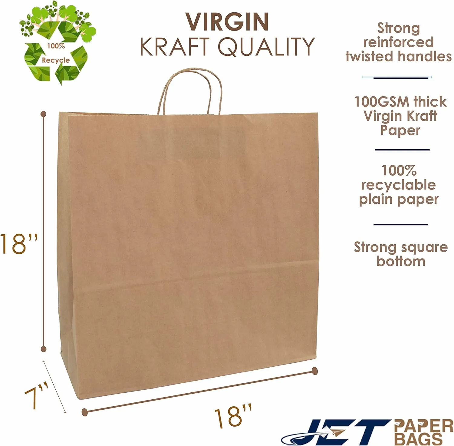 JET PAPER BAGS - 18x7x18 Inch [100 Pcs] Large Brown Paper Bags with Handles Ideal for Takeout, Grocery, Goody, Retail, Party, Gifts, Weddings - Recyclable Kraft Paper Gift Bags with Handles