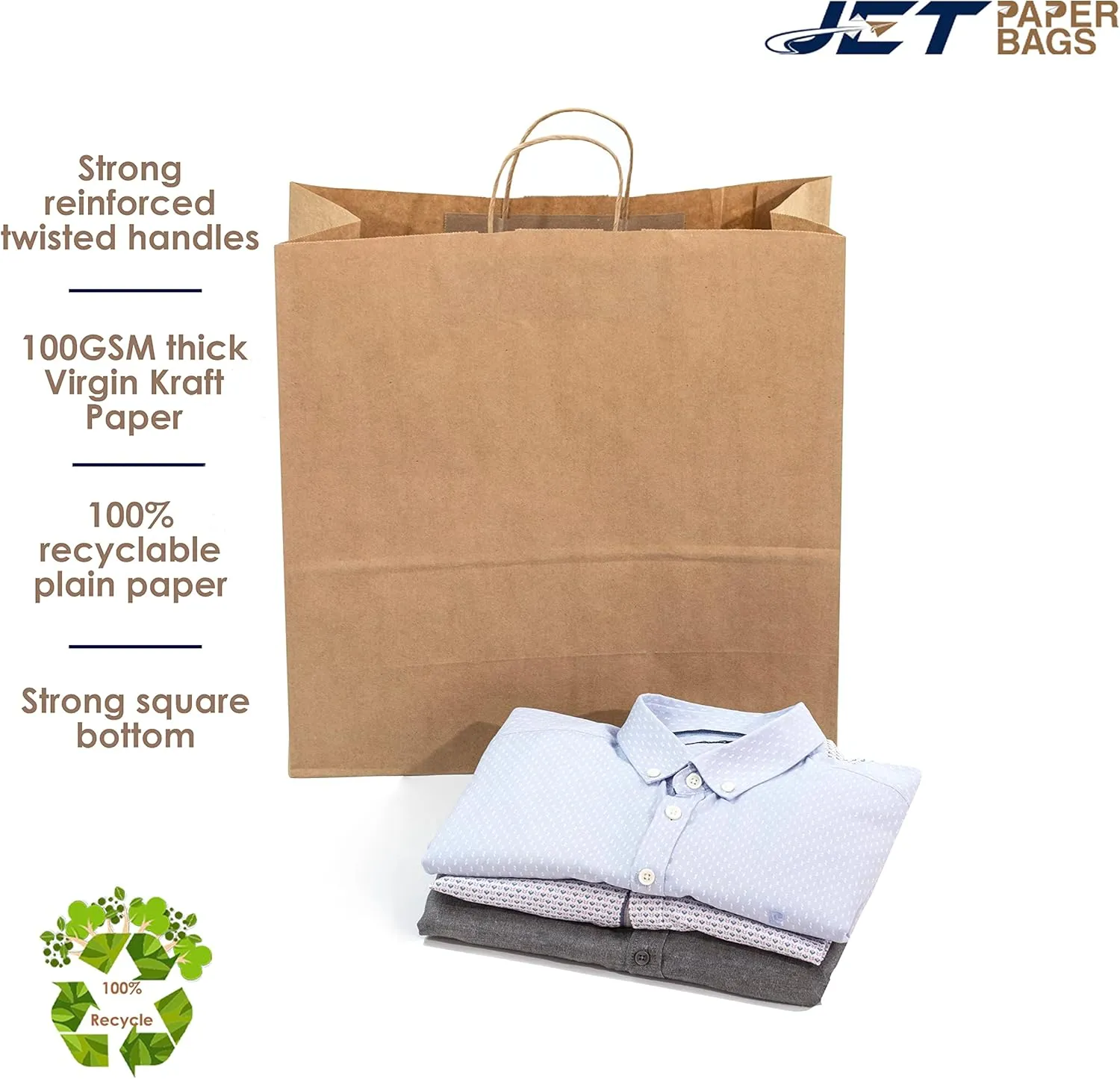 JET PAPER BAGS - 18x7x18 Inch [100 Pcs] Large Brown Paper Bags with Handles Ideal for Takeout, Grocery, Goody, Retail, Party, Gifts, Weddings - Recyclable Kraft Paper Gift Bags with Handles