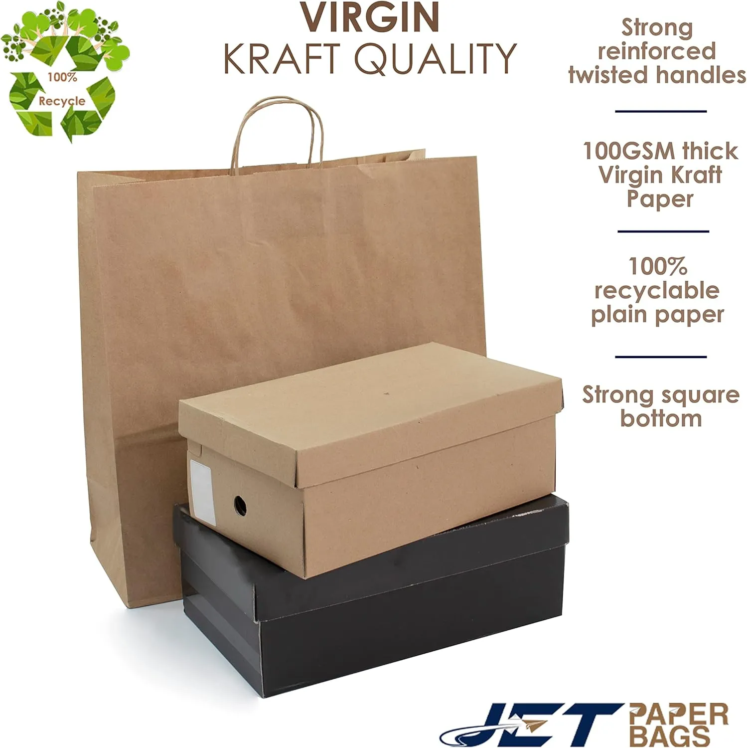 JET PAPER BAGS - 18x7x18 Inch [100 Pcs] Large Brown Paper Bags with Handles Ideal for Takeout, Grocery, Goody, Retail, Party, Gifts, Weddings - Recyclable Kraft Paper Gift Bags with Handles