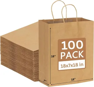 JET PAPER BAGS - 18x7x18 Inch [100 Pcs] Large Brown Paper Bags with Handles Ideal for Takeout, Grocery, Goody, Retail, Party, Gifts, Weddings - Recyclable Kraft Paper Gift Bags with Handles