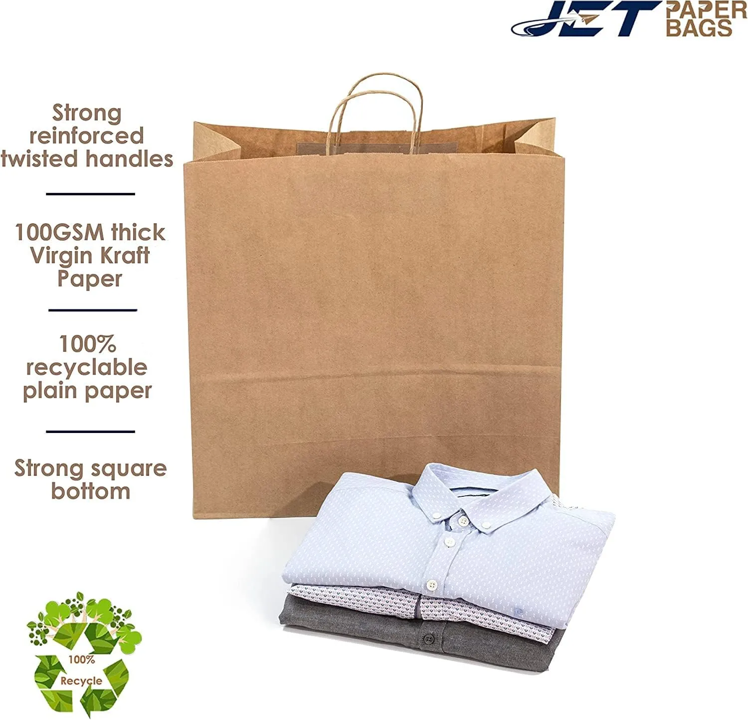 JET PAPER BAGS - 18x7x18 Inch [200 Pcs] Large Brown Paper Bags with Handles Ideal for Takeout, Grocery, Goody, Retail, Party, Gifts, Weddings - Recyclable Kraft Paper Gift Bags with Handles