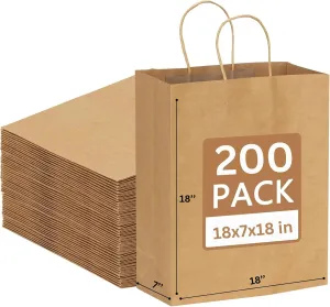 JET PAPER BAGS - 18x7x18 Inch [200 Pcs] Large Brown Paper Bags with Handles Ideal for Takeout, Grocery, Goody, Retail, Party, Gifts, Weddings - Recyclable Kraft Paper Gift Bags with Handles