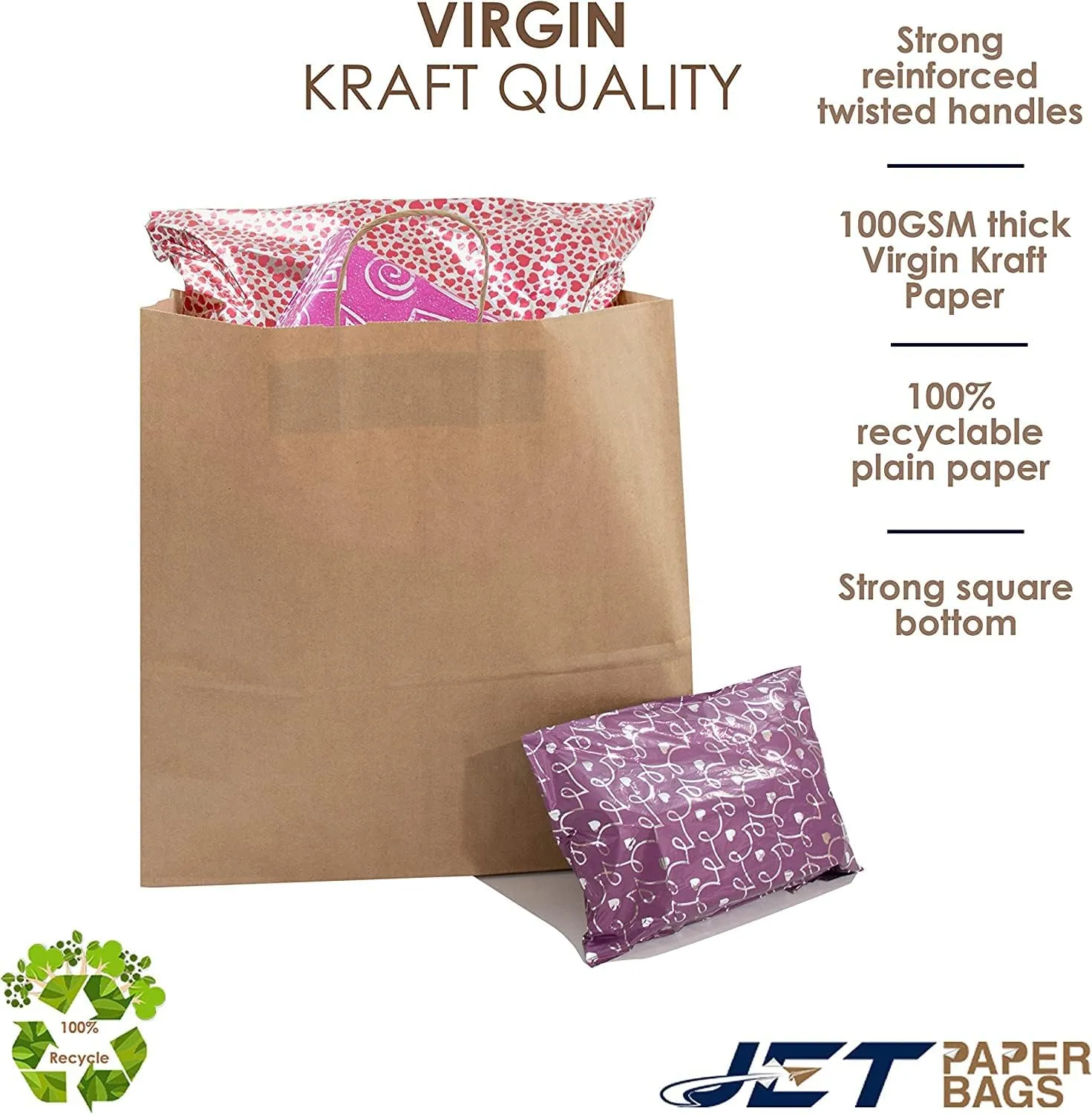 JET PAPER BAGS - 18x7x18 Inch [200 Pcs] Large Brown Paper Bags with Handles Ideal for Takeout, Grocery, Goody, Retail, Party, Gifts, Weddings - Recyclable Kraft Paper Gift Bags with Handles