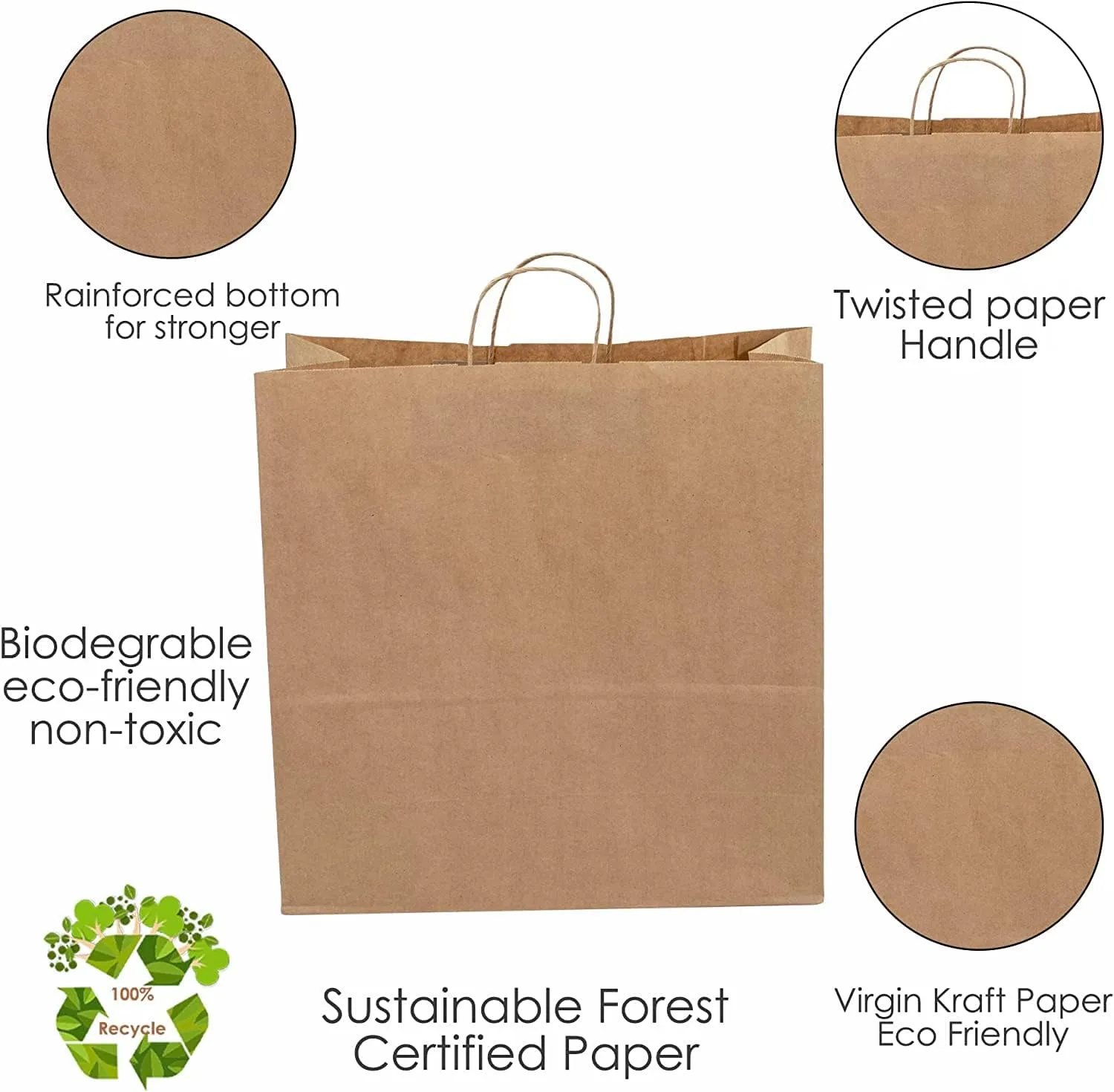 JET PAPER BAGS - 18x7x18 Inch [200 Pcs] Large Brown Paper Bags with Handles Ideal for Takeout, Grocery, Goody, Retail, Party, Gifts, Weddings - Recyclable Kraft Paper Gift Bags with Handles