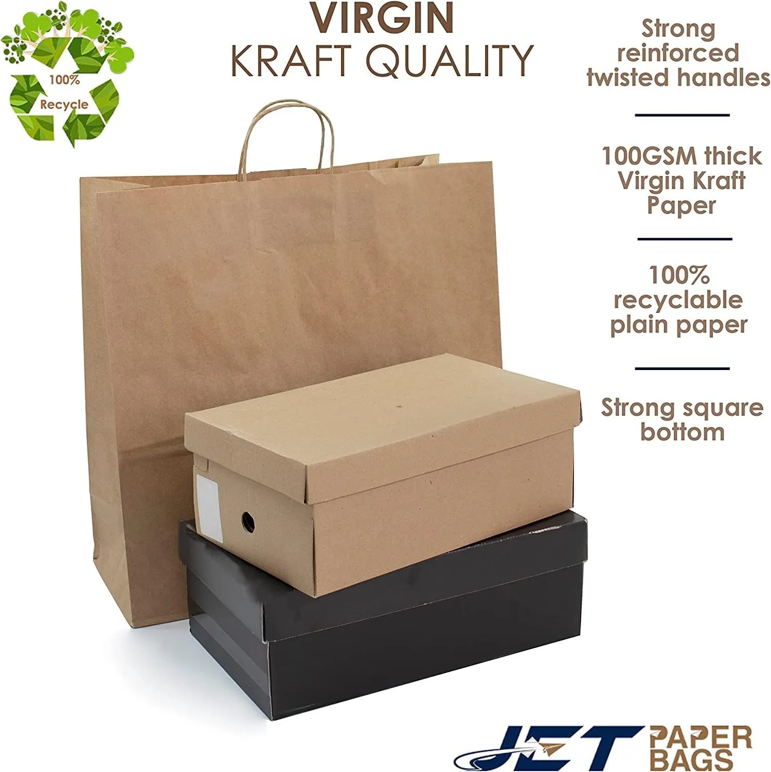 JET PAPER BAGS - 18x7x18 Inch [200 Pcs] Large Brown Paper Bags with Handles Ideal for Takeout, Grocery, Goody, Retail, Party, Gifts, Weddings - Recyclable Kraft Paper Gift Bags with Handles