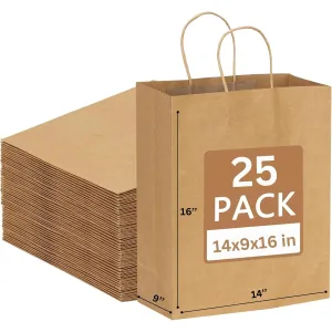 JET PAPER BAGS - Large Brown Paper Bags with Handles 14x9x16 Inch [25 Pcs] Prime for Takeout, Grocery, Goody, Retail, Party, Gifts, Weddings - Recyclable Kraft Paper Gift Bags with Handles