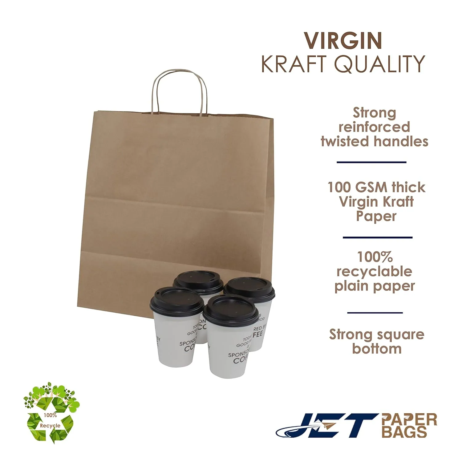 JET PAPER BAGS - Large Brown Paper Bags with Handles 14x9x16 Inch [25 Pcs] Prime for Takeout, Grocery, Goody, Retail, Party, Gifts, Weddings - Recyclable Kraft Paper Gift Bags with Handles