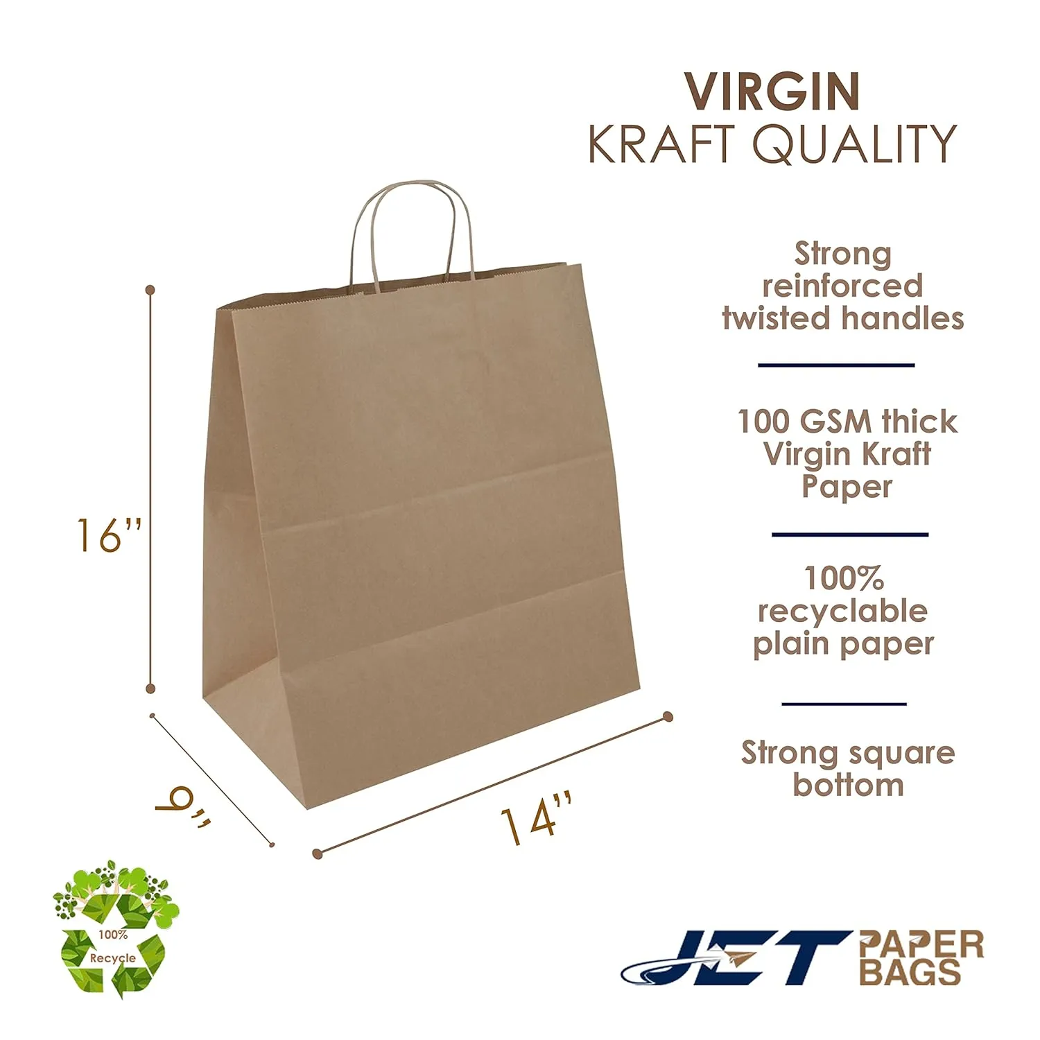 JET PAPER BAGS - Large Brown Paper Bags with Handles 14x9x16 Inch [25 Pcs] Prime for Takeout, Grocery, Goody, Retail, Party, Gifts, Weddings - Recyclable Kraft Paper Gift Bags with Handles