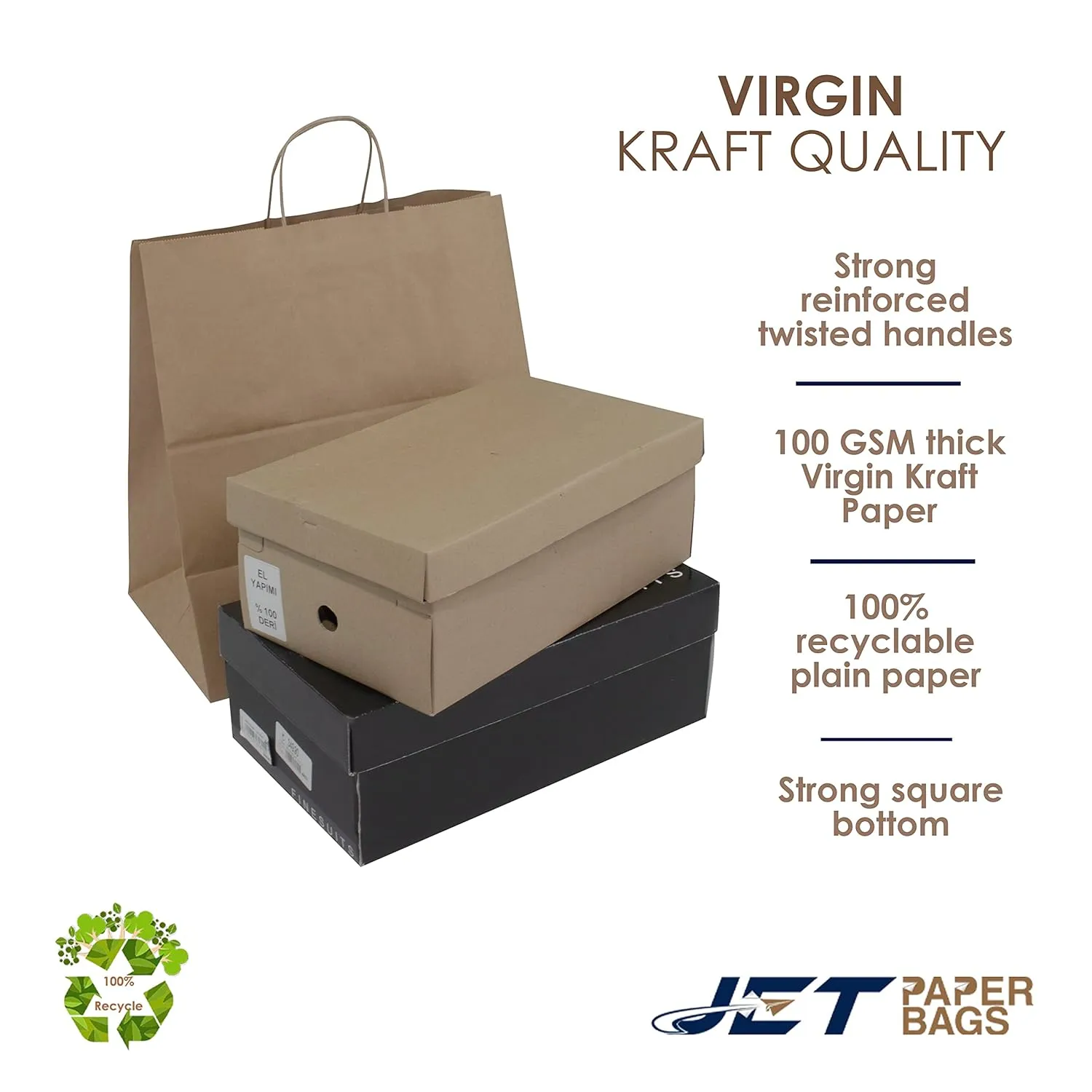 JET PAPER BAGS - Large Brown Paper Bags with Handles 14x9x16 Inch [25 Pcs] Prime for Takeout, Grocery, Goody, Retail, Party, Gifts, Weddings - Recyclable Kraft Paper Gift Bags with Handles