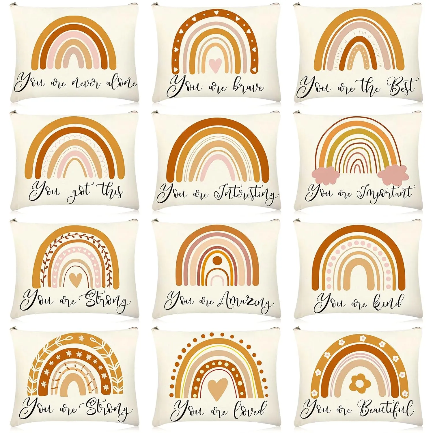 Kajaia 12 Pcs Boho Rainbow Makeup Bags Bulk Sunshine Makeup Organizer Inspiration Canvas Cosmetic Bags Sun Party Favors Quotes Printed Cosmetic Pouch Zipper Travel Purse for Woman Adult(Rainbow)