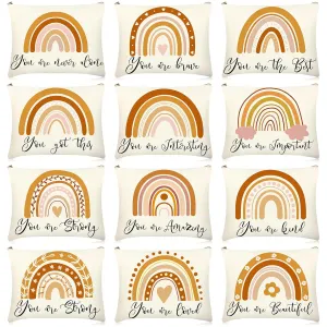 Kajaia 12 Pcs Boho Rainbow Makeup Bags Bulk Sunshine Makeup Organizer Inspiration Canvas Cosmetic Bags Sun Party Favors Quotes Printed Cosmetic Pouch Zipper Travel Purse for Woman Adult(Rainbow)