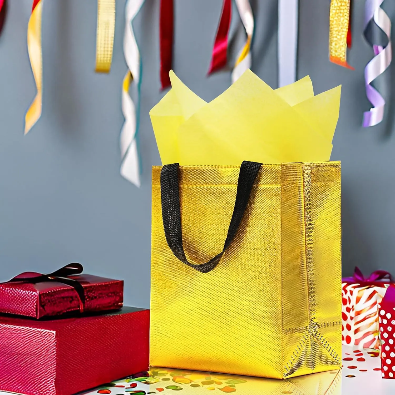 KeerxunBag 12pcs Reusable Gift BagsIncludes Tissue Paper Gift bag with handle Birthdays Parties Holidays Weddings Medium 10x4x8in gold color Gift Bags