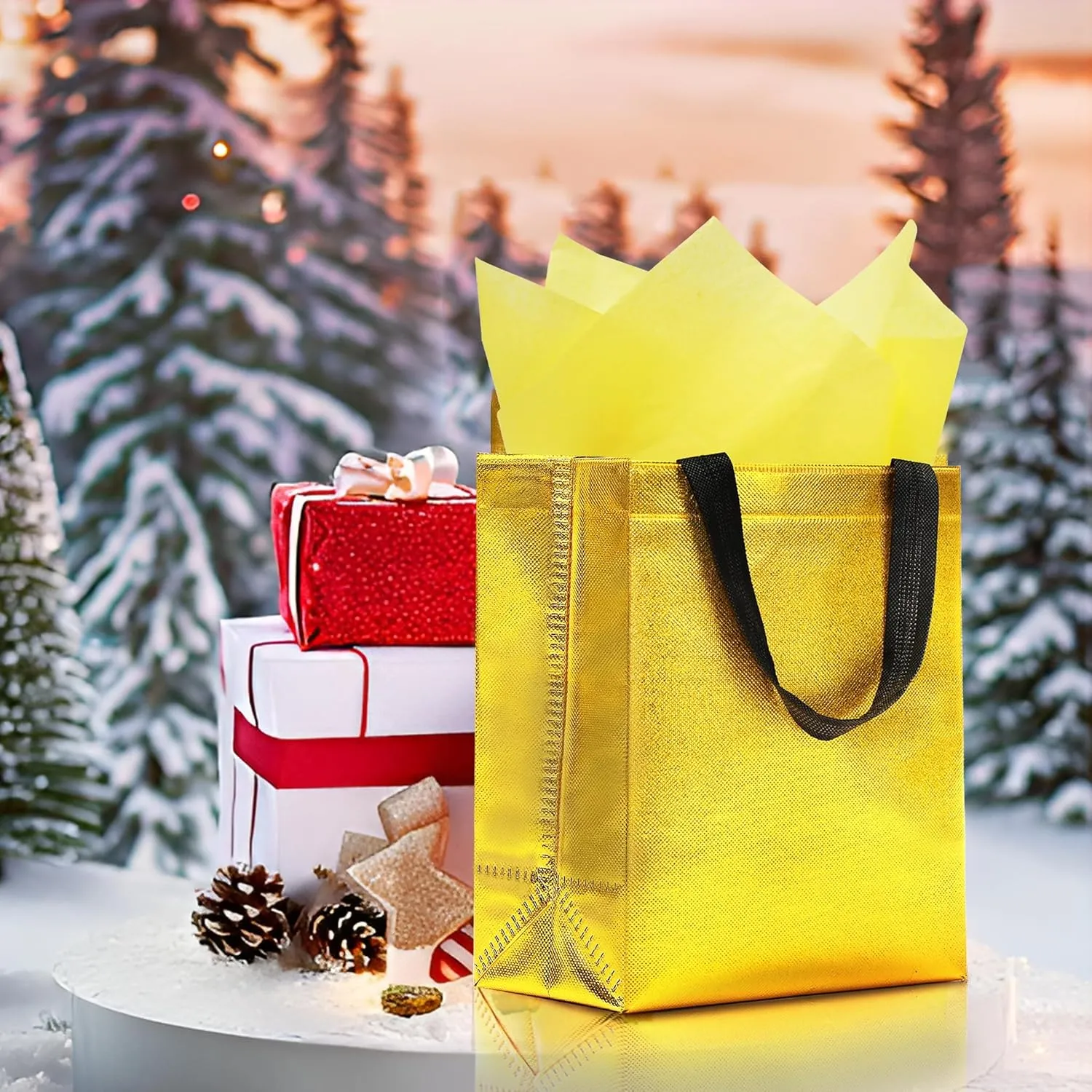 KeerxunBag 12pcs Reusable Gift BagsIncludes Tissue Paper Gift bag with handle Birthdays Parties Holidays Weddings Medium 10x4x8in gold color Gift Bags