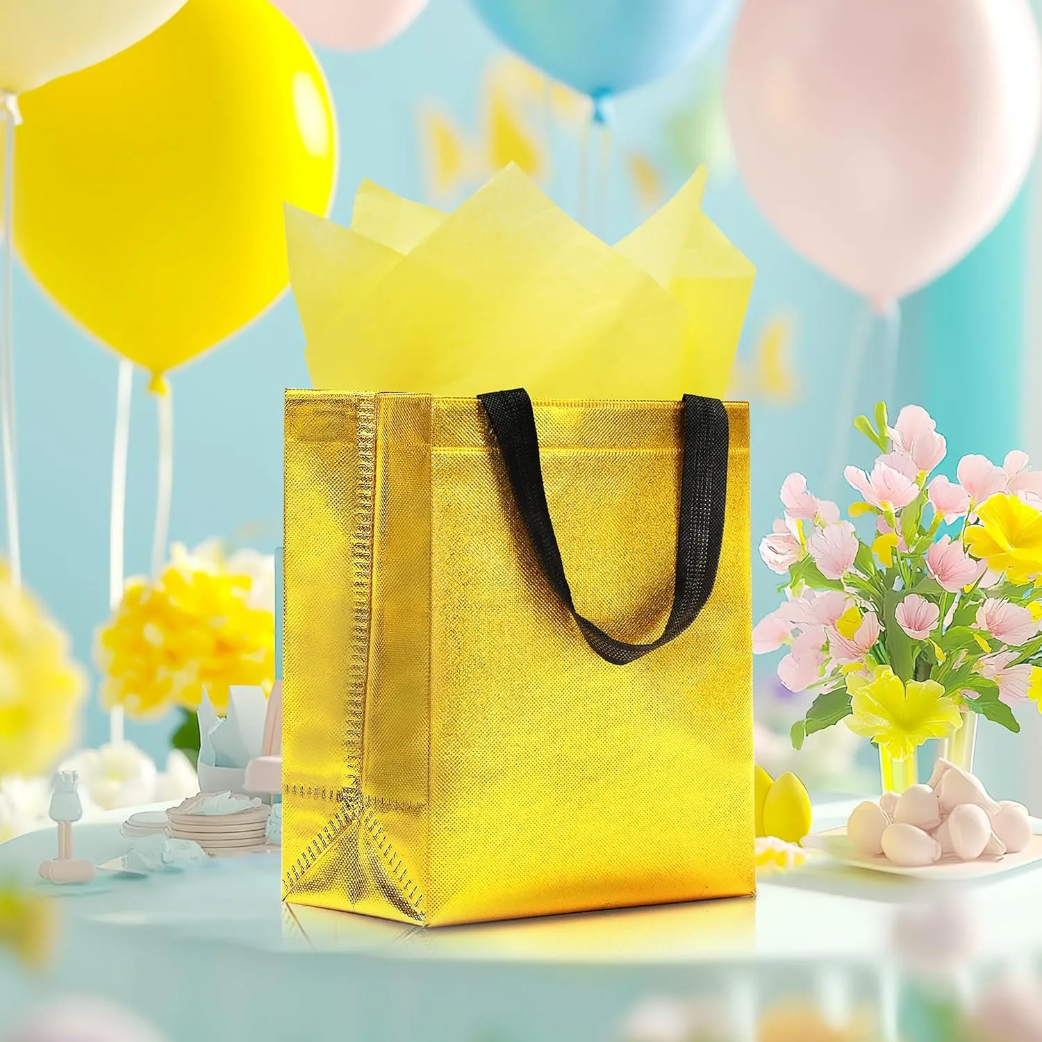KeerxunBag 12pcs Reusable Gift BagsIncludes Tissue Paper Gift bag with handle Birthdays Parties Holidays Weddings Medium 10x4x8in gold color Gift Bags