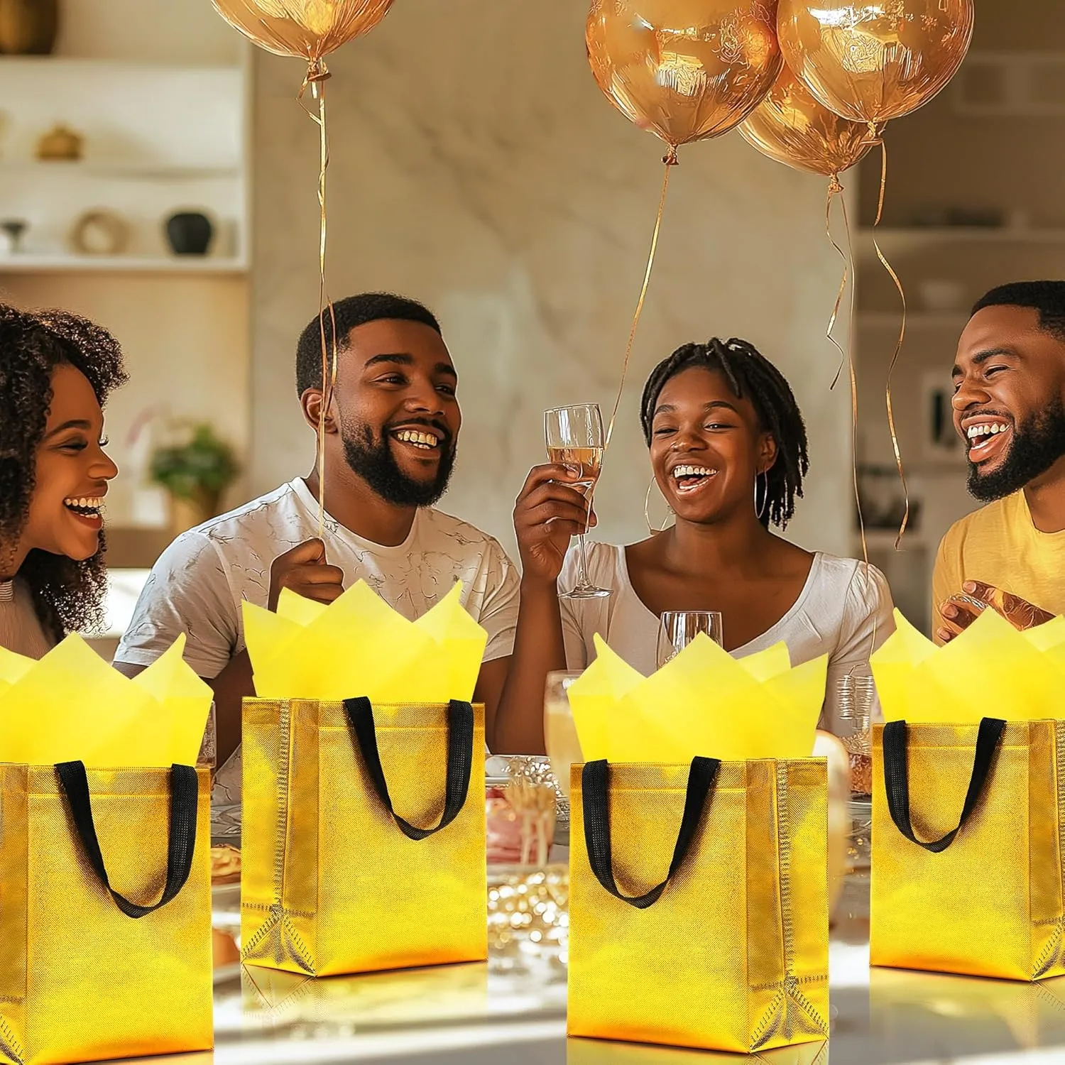 KeerxunBag 12pcs Reusable Gift BagsIncludes Tissue Paper Gift bag with handle Birthdays Parties Holidays Weddings Medium 10x4x8in gold color Gift Bags
