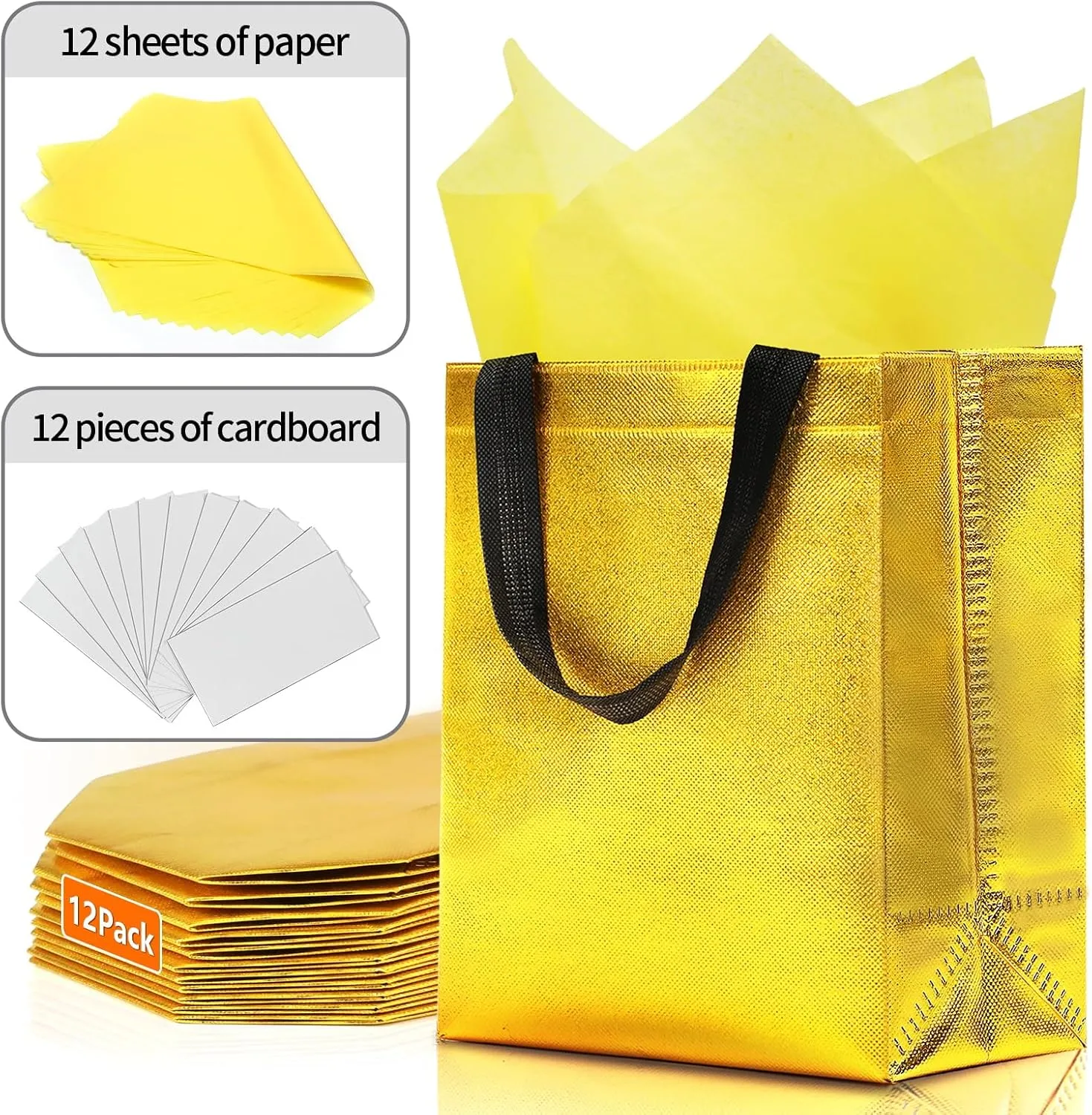 KeerxunBag 12pcs Reusable Gift BagsIncludes Tissue Paper Gift bag with handle Birthdays Parties Holidays Weddings Medium 10x4x8in gold color Gift Bags
