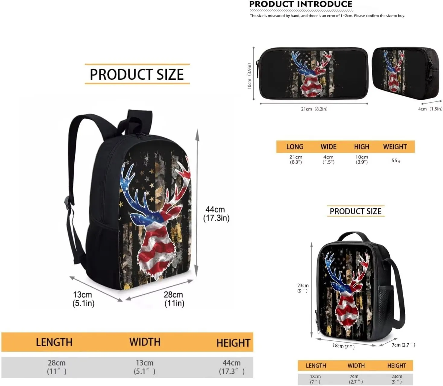 KEIAHUAN American Flag Deer Kids School Backpack for Boys 3pcs Boy School Bag with Lunch Box and Pencil Case Students Bag for Ages 6-18 17Bookbag Travel Back Pack
