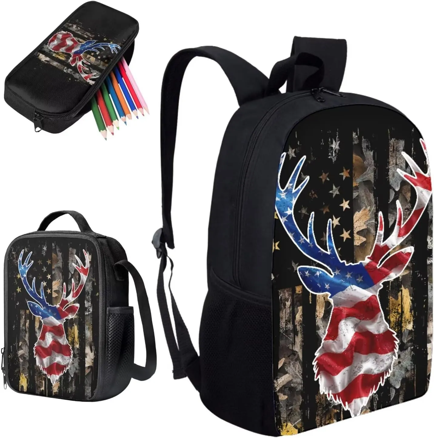 KEIAHUAN American Flag Deer Kids School Backpack for Boys 3pcs Boy School Bag with Lunch Box and Pencil Case Students Bag for Ages 6-18 17Bookbag Travel Back Pack
