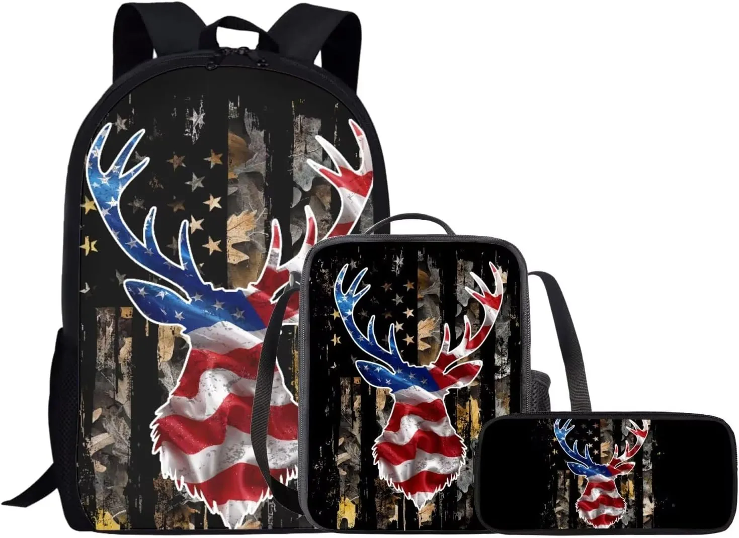 KEIAHUAN American Flag Deer Kids School Backpack for Boys 3pcs Boy School Bag with Lunch Box and Pencil Case Students Bag for Ages 6-18 17Bookbag Travel Back Pack
