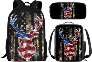 KEIAHUAN American Flag Deer Kids School Backpack for Boys 3pcs Boy School Bag with Lunch Box and Pencil Case Students Bag for Ages 6-18 17Bookbag Travel Back Pack