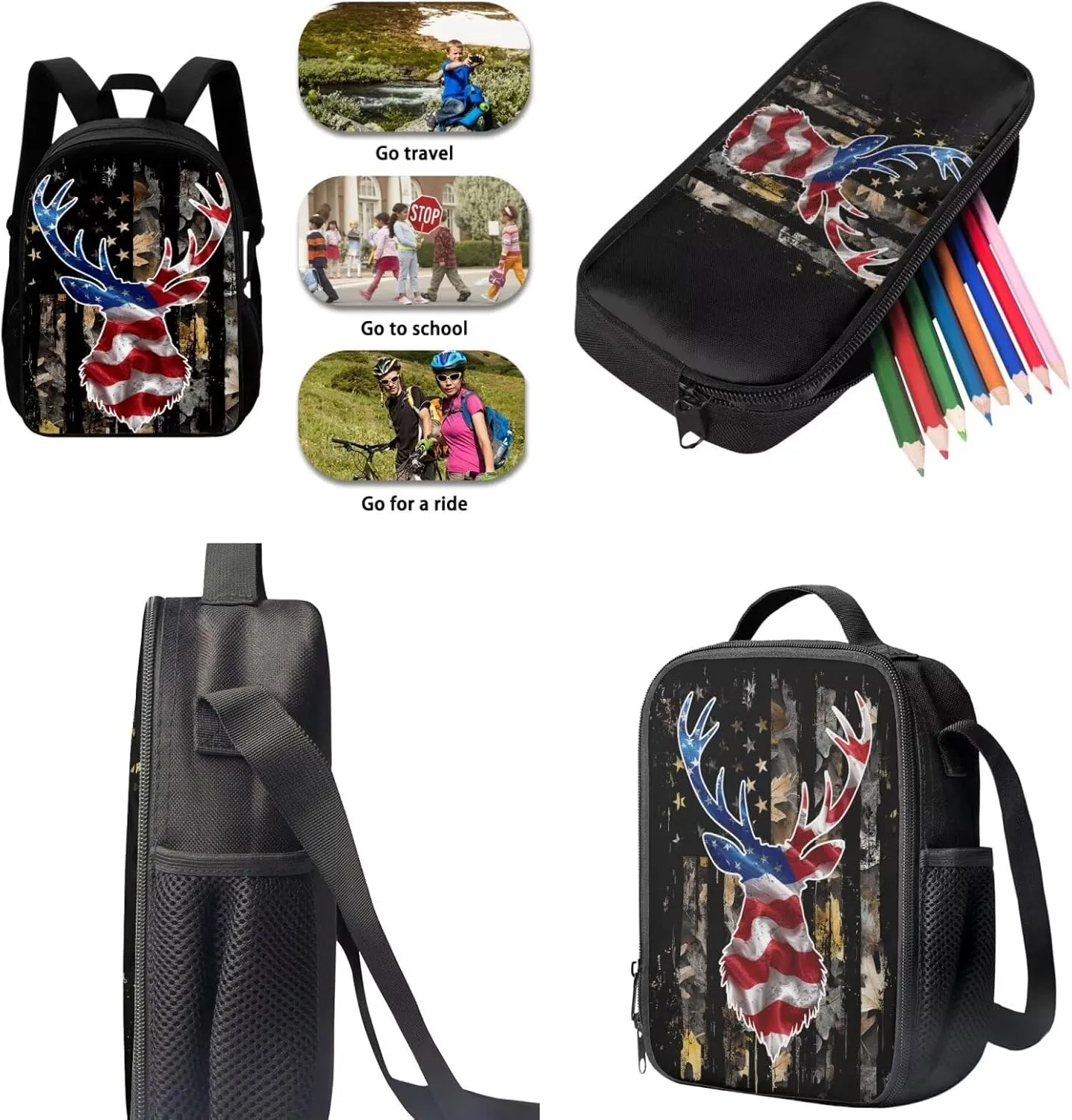 KEIAHUAN American Flag Deer Kids School Backpack for Boys 3pcs Boy School Bag with Lunch Box and Pencil Case Students Bag for Ages 6-18 17Bookbag Travel Back Pack