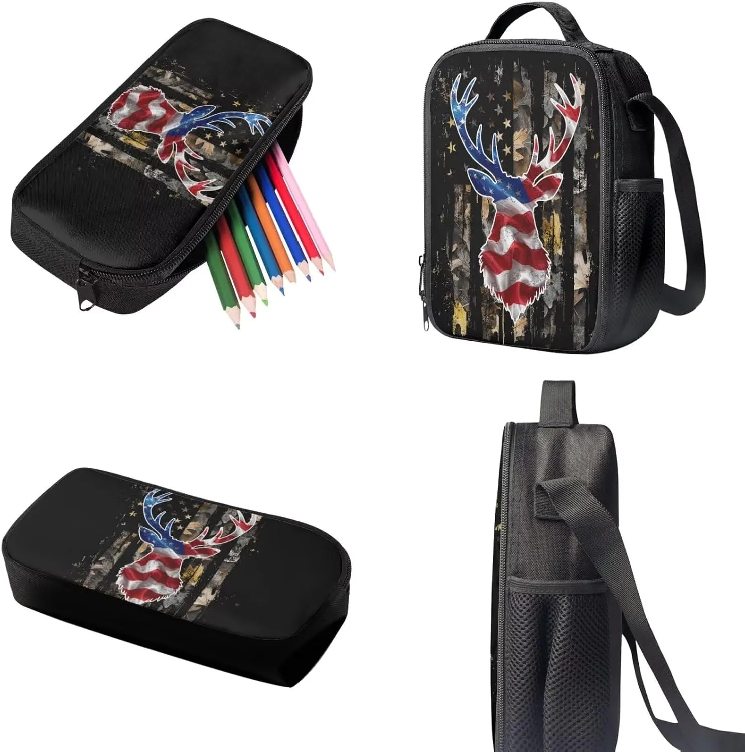 KEIAHUAN American Flag Deer Kids School Backpack for Boys 3pcs Boy School Bag with Lunch Box and Pencil Case Students Bag for Ages 6-18 17Bookbag Travel Back Pack
