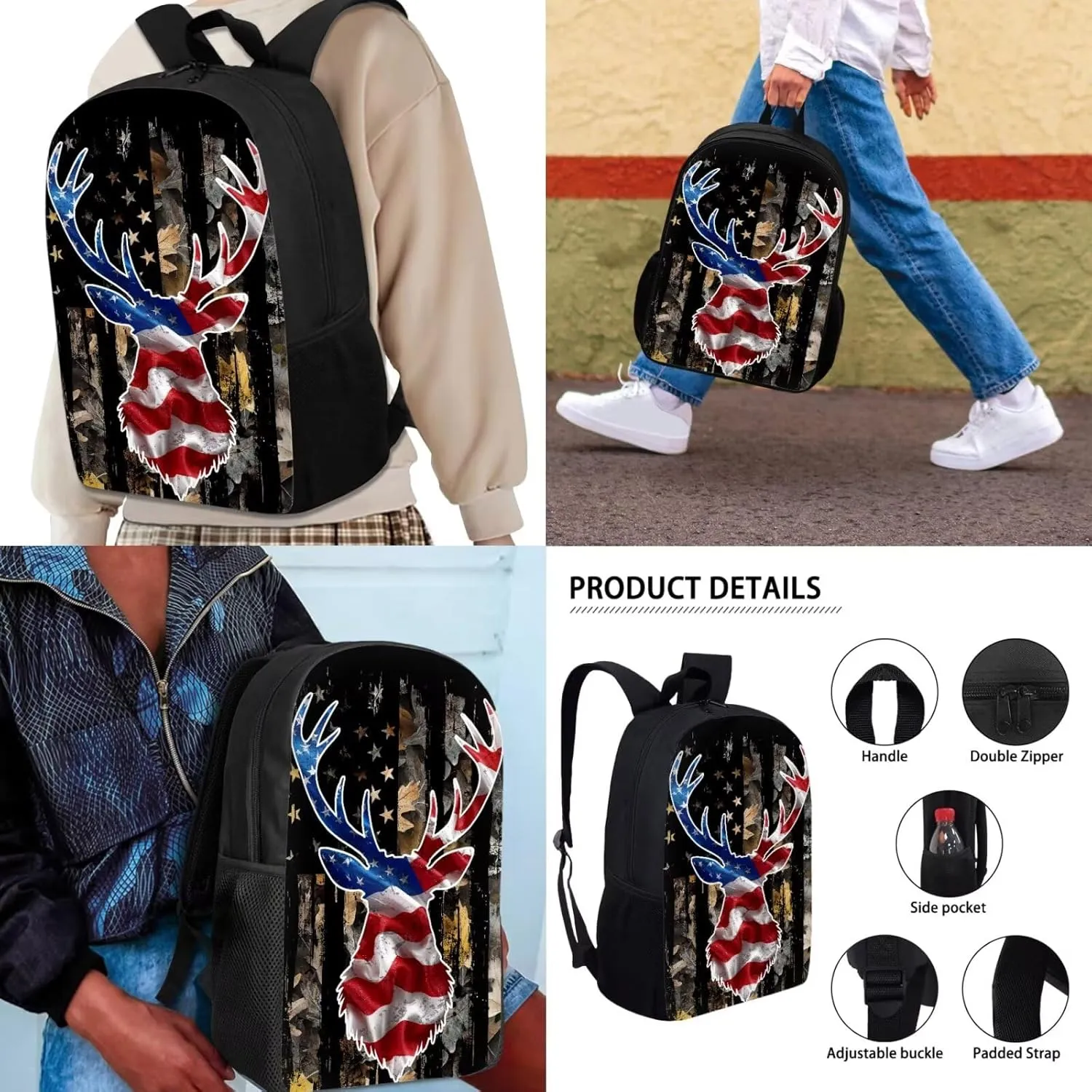 KEIAHUAN American Flag Deer Kids School Backpack for Boys 3pcs Boy School Bag with Lunch Box and Pencil Case Students Bag for Ages 6-18 17Bookbag Travel Back Pack