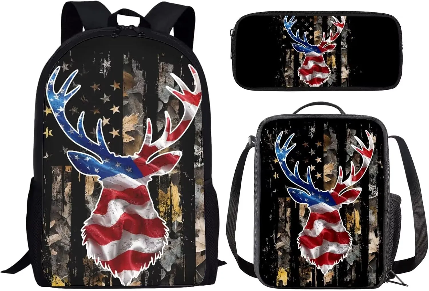 KEIAHUAN American Flag Deer Kids School Backpack for Boys 3pcs Boy School Bag with Lunch Box and Pencil Case Students Bag for Ages 6-18 17Bookbag Travel Back Pack