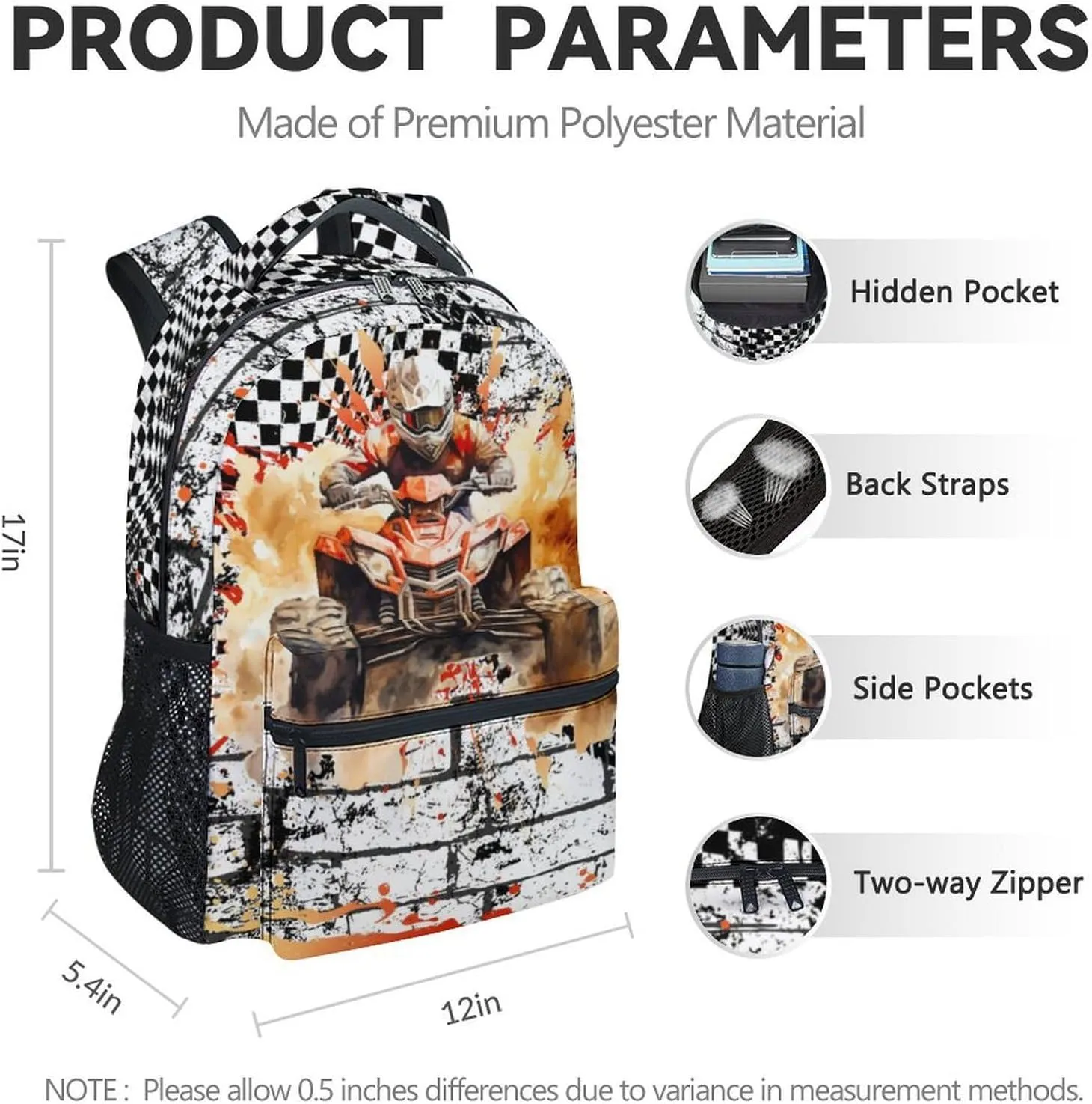 Kids Backpack for School, 17 Inch Travel Backpacks for Dirt Bike Lovers, Large Capacity Bookbag for Elementary & High School