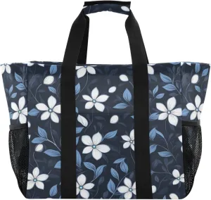 Kigai Blue Leaves Flower Reusable Grocery Bag with Handles Waterproof Foldable Extra Large Tote Shopping Bag Standing Organizer for Picnics, Beach, Pool, Laundry, Car, Camping