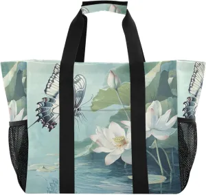 Kigai Butterfly Lotus Flower Reusable Grocery Bag with Handles Waterproof Foldable Extra Large Tote Shopping Bag Standing Organizer for Picnics, Beach, Pool, Laundry, Car, Camping