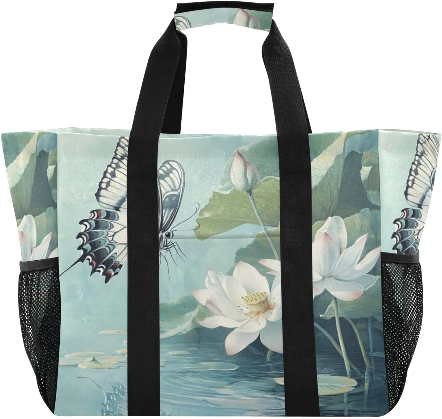 Kigai Butterfly Lotus Flower Reusable Grocery Bag with Handles Waterproof Foldable Extra Large Tote Shopping Bag Standing Organizer for Picnics, Beach, Pool, Laundry, Car, Camping